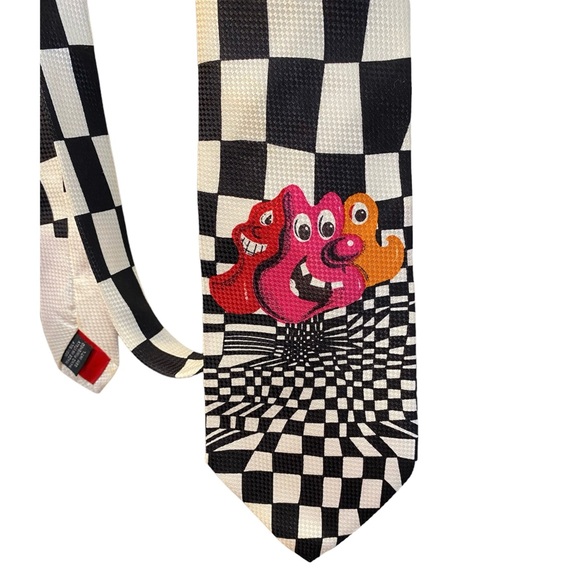 VTG 90s Kenny Scharf Silk Necktie GEM Italy Tie Checkered Fiz n Zip Art RARE - Picture 2 of 10
